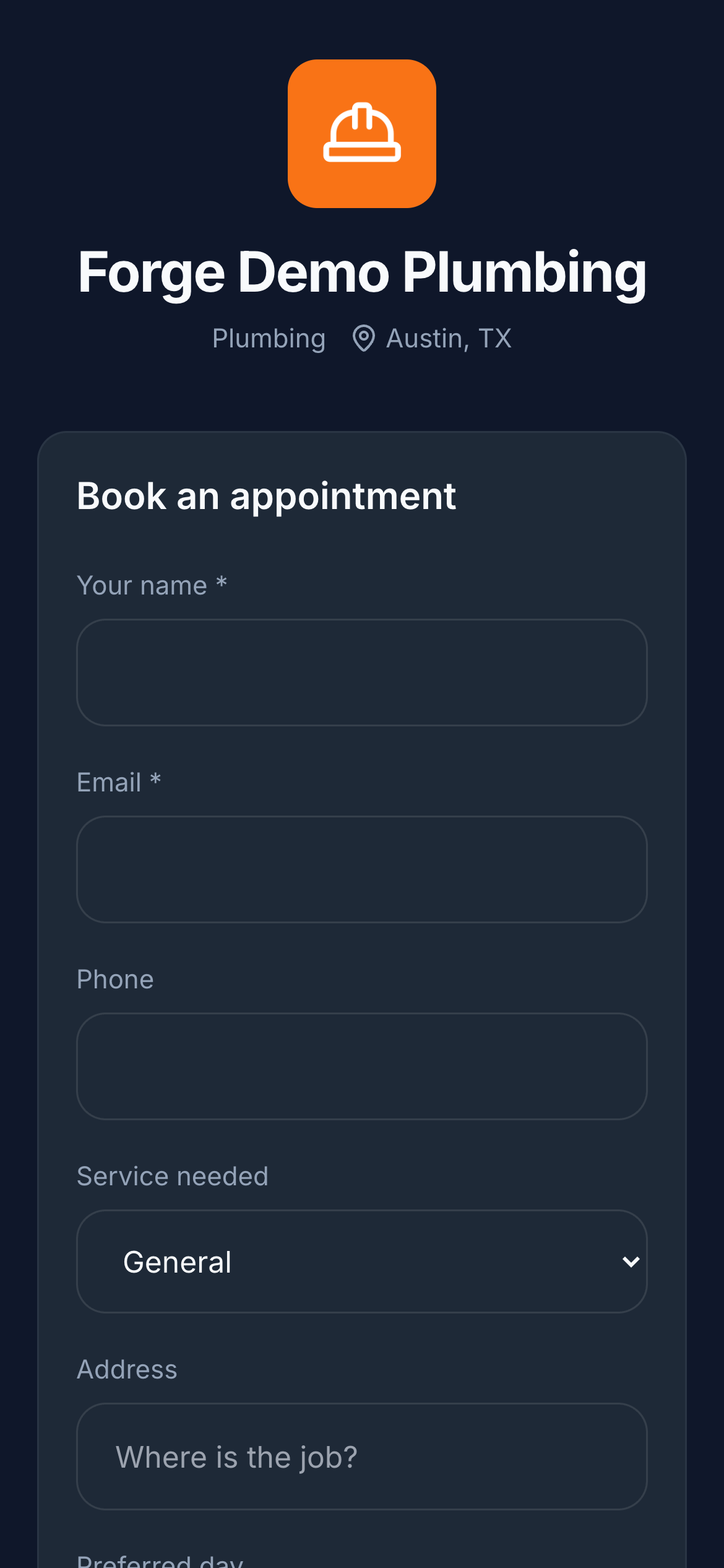 A client booking page for a plumbing business on a phone